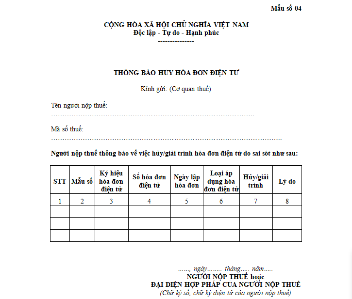 Mẫu số 04: Thông báo hủy hóa đơn điện tử – Phụ lục ban hành kèm theo Nghị định 119/2018/NĐ-CP