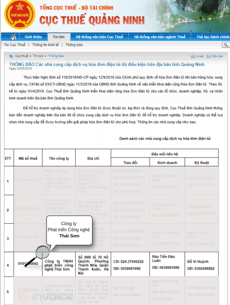 Cục Thuế Quảng Ninh đã đưa ra danh sách các đơn vị đủ điều kiện cung cấp hóa đơn điện tử